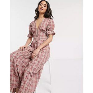 ASOS ​Puff ​Sl​eeve ​Jumpsuit in Pink Plaid, US 4